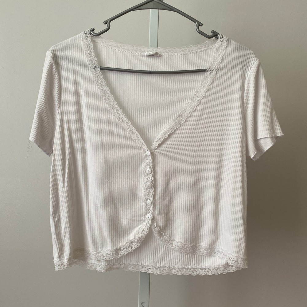 Cotton On M White Cardigan Lace Trim Ribbed Button Front Top‎ Coquette Aesthetic